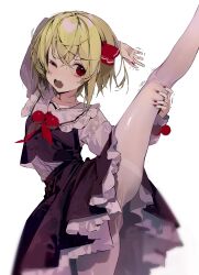 1girl ;d absurdres ascot blonde_hair dated_commentary frilled_skirt frills hair_ribbon highres one_eye_closed open_mouth pantyhose red_ascot red_eyes red_nails red_ribbon ribbon rumia simple_background skirt smile solo split standing standing_on_one_leg standing_split touhou white_background white_pantyhose ya_yuan