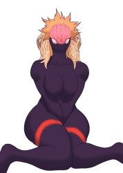 1girl ass blonde_hair boku_no_hero_academia breasts female_focus hensket highres huge_ass large_breasts long_hair looking_at_viewer monster noumu_(boku_no_hero_academia) pupiless_eyes scar simple_background solo thick_thighs thighs wide_hips yellow_eyes