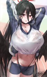 Rule 34 | 1girl, arms behind head, arms up, black bra, black hair, black panties, black wings, blue archive, blue jacket, blue shorts, blush, bra, bra visible through clothes, breasts, choker, cleavage, collarbone, commentary, crop top, crop top overhang, feathered wings, hair between eyes, halo, hasumi (blue archive), hasumi (track) (blue archive), high ponytail, highleg, highleg panties, highres, huge breasts, ibara azuki, jacket, long hair, long sleeves, looking at viewer, mole, mole under eye, navel, panties, parted lips, ponytail, red eyes, shirt, short shorts, shorts, solo, sweat, sweaty clothes, underwear, very long hair, wet, wet clothes, white shirt, wings