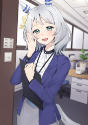 1girl absurdres alternate_costume animal_ears ascot blue_jacket commentary_request green_eyes grey_hair grey_skirt hand_up highres hishi_miracle_(umamusume) horse_ears horse_girl horse_tail indoors jacket lanyard long_sleeves looking_at_viewer medium_hair office office_lady open_clothes open_jacket open_mouth sayosayo-0 shirt skirt solo tail umamusume white_ascot white_shirt