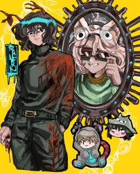 Rule 34 | 2boys, 2others, :3, absurdres, antlers, black eyes, blood, blood on clothes, blood on hands, brown hair, character request, commentary request, green sweater, hand in pocket, highres, hitchhiker a (randal&#039;s friends), hitchhiker b (randal&#039;s friends), holding, holding weapon, horns, looking at viewer, mirror, multiple boys, multiple others, randal&#039;s friends, short hair, sweater, turtleneck, turtleneck sweater, weapon, yellow background, zakuro (kdxd87965)