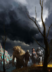 1girl 3boys absurdres armor artist_logo cloud cloudy_sky cowardly_lion dated dorothy_gale dress highres holding holding_sword holding_weapon lion lion_tail logo long_hair miguel_iglesias multiple_boys path road robot scarecrow scarecrow_(the_wizard_of_oz) sky sword tail the_wizard_of_oz tin_man_(the_wizard_of_oz) tree weapon yellow_brick_road