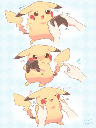 angry artist_name blush bright_pupils brown_eyes closed_mouth commentary_request controller creatures_(company) game_controller game_freak gen_1_pokemon happy highres holding holding_controller holding_game_controller mugita_konomi nintendo open_mouth petting pikachu pokemon pokemon_(creature) smile standing sweatdrop tail waving white_pupils