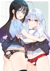 2girls ahoge ass black_hair black_panties black_skirt blue_eyes blue_shirt blush breasts butt_crack closed_mouth clothes_lift commentary_request hair_ornament hairclip koruri large_breasts lifting_another&#039;s_clothes long_hair multiple_girls open_mouth original panties pink_eyes pleated_skirt red_panties shirt skirt skirt_lift underwear white_hair white_shirt
