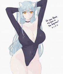 Rule 34 | 1girl, absurdres, bada neko, badaneko art, black choker, black leotard, blue hair, breasts, cat girl, choker, english text, highres, indie virtual youtuber, large breasts, leotard, long hair, question, self-portrait, solo, standing, thigh gap, white background, yellow eyes