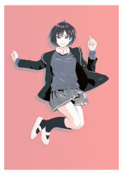 1girl absurdres amagami black_eyes black_hair black_sailor_collar black_socks closed_mouth commentary_request full_body grey_skirt grey_sweater highres jumping kibito_high_school_uniform kneehighs lips long_sleeves looking_at_viewer nanasaki_ai oshizu pleated_skirt red_background sailor_collar school_uniform shoes short_hair simple_background skirt socks solo sweater uwabaki white_shoes