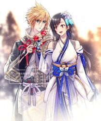 1boy 1girl bare_shoulders black_hair blonde_hair blue_eyes blurry blurry_background blush candy_apple cloud_strife cloud_strife_(official_festive_garb) commentary_request detached_sleeves earrings feet_out_of_frame final_fantasy final_fantasy_vii final_fantasy_vii_ever_crisis flower food hair_between_eyes hair_flower hair_ornament holding holding_candy_apple holding_food japanese_clothes jewelry kimono long_hair looking_at_another minato_(ct_777) obi official_alternate_costume open_mouth parted_lips red_eyes rope sash scarf sleeveless sleeveless_kimono spiked_hair tassel tassel_earrings tifa_lockhart tifa_lockhart_(festive_blue_daffodil_attire) white_flower white_kimono wide_sleeves