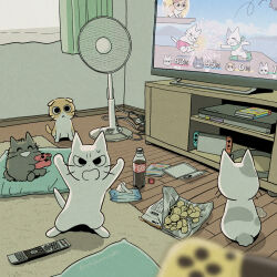 Rule 34 | arms up, artist name, black cat, bottle, carpet, cat, chips (food), controller, curtains, dvd case, electric fan, food, game controller, highres, holding, holding controller, holding game controller, indoors, looking at viewer, mojacookie, nintendo switch, no humans, open mouth, original, remote control, shikaru neko, shikaru neko (character), television, video game, whiskers, white cat, window, wooden floor