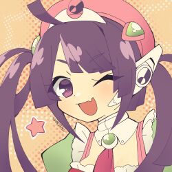 1girl ahoge beret dress fang green_dress hat headpiece heart heart-shaped_pupils highres long_hair looking_at_viewer necktie one_eye_closed open_mouth pink_hat pink_necktie purple_eyes purple_hair sidelocks signature skin_fang star_(symbol) symbol-shaped_pupils tone_rion treebarkagain twintails upper_body vocaloid