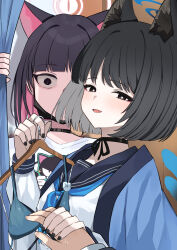 2girls animal_ears animal_print black_choker black_hair black_mask black_nails blue_archive blue_haori blue_neckerchief blue_sailor_collar blush cat_ears cat_girl cat_print choker colored_inner_hair haori highres holding holding_swimsuit holding_unworn_clothes japanese_clothes kazusa_(band)_(blue_archive) kazusa_(blue_archive) kikyou_(blue_archive) mi_taro333 multicolored_hair multiple_girls neckerchief parted_bangs pink_hair sailor_collar shirt short_hair staring swimsuit unworn_swimsuit white_shirt
