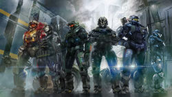 1girl 5boys armor assault_rifle building carter-a259 catherine-b320 cityscape emile-a239 gear_(zcjx999) gun halo:_reach halo_(game) halo_(series) helmet highres jorge-052 jun-a266 lens_flare mechanical_arms multiple_boys power_armor power_suit rifle single_mechanical_arm smoke sniper_rifle spartan-b312 weapon