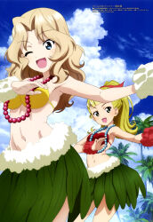 2girls :d absurdres bare_arms bead_necklace beads bikini blonde_hair blue_eyes blue_sky breasts cloud cumulonimbus_cloud dancing day girls_und_panzer grass_skirt green_skirt hair_ribbon highres hula jewelry kay_(girls_und_panzer) large_breasts long_hair looking_at_viewer magazine_scan megami_magazine multiple_girls navel necklace official_art one_eye_closed open_mouth outdoors palm_tree parted_bangs ponytail red_bikini ribbon scan scrunchie skirt sky smile standing swimsuit toned toned_female tree wallaby_(girls_und_panzer) wavy_hair wrist_scrunchie yellow_bikini