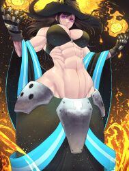 abs black_hair breasts en&#039;en_no_shouboutai fire gloves glowing glowing_eyes hat limn044 magic maki_oze muscular muscular_female purple_eyes shiny_skin sweat witch_hat