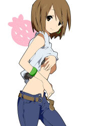 1girl artist_request belt clothes_lift denim highres hirasawa_yui jeans k-on! kadenden open_fly pants shirt_lift short_hair