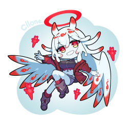 1girl armpit_crease baniran_dorosu bare_shoulders character_name chibi cllone_(baniran_dorosu) colored_skin floating floating_hair grey_skin hair_between_eyes hair_wings halo jacket long_hair monster_girl multicolored_hair navel open_clothes open_jacket open_mouth original personification red_eyes red_hair red_halo red_jacket sea_angel socks solo tentacle_hair tentacles turtleneck white_hair wings zipper zipper_pull_tab