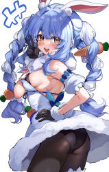 1girl absurdres animal_ear_fluff animal_ears ass bare_shoulders black_gloves black_leotard black_pantyhose blue_hair blush braid breasts carrot_hair_ornament coat_dress detached_sleeves don-chan_(usada_pekora) dress food-themed_hair_ornament from_behind fur-trimmed_dress fur-trimmed_gloves fur_scarf fur_trim gloves hair_between_eyes hair_ornament hand_on_own_hip highres hololive leotard leotard_under_clothes long_hair looking_at_viewer medium_breasts multicolored_hair open_mouth orange_eyes pantyhose puffy_sleeves rabbit-shaped_pupils rabbit_ears rabbit_girl rabbit_tail sak_(lemondisk) short_eyebrows sideboob simple_background smile solo streaked_hair symbol-shaped_pupils tail thick_eyebrows twin_braids twisted_torso two-tone_hair usada_pekora usada_pekora_(1st_costume) virtual_youtuber w white_background white_dress white_hair