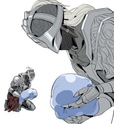 1other ambiguous_gender armor bloody_wolf_(elden_ring) cape cloak closed_mouth elden_ring full_armor gauntlets helmet holding mimic_tear_(elden_ring) shoulder_armor solo tarnished_(elden_ring) tworain_w weapon white_hair