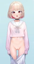 1girl :o aqua_nails blonde_hair bottomless choker cleft_of_venus female_focus fingernails gluteal_fold highres blue_background loli looking_at_viewer makaino_ririmu nail_polish navel nijisanji no_panties nude_filter open_mouth pink_background pointy_ears pussy red_eyes sabamen short_hair simple_background skinny solo tagme teeth third-party_edit upper_body upper_teeth_only virtual_youtuber