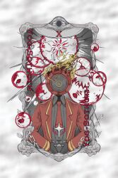 1other absurdres black_gloves black_pants black_shirt chain clock coat collared_shirt cowboy_shot cthulhu_mythos dante_(limbus_company) fire gloves highres kalliope_orc limbus_company necktie object_head pants project_moon red_coat red_necktie shirt simple_background steepled_fingers yog-sothoth
