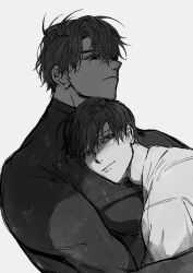 2boys :| black_hair bodysuit chin_rest closed_mouth coat curtained_hair greyscale hair_over_one_eye head_on_chest head_on_head head_rest highres hug implied_yaoi kim_dokja large_pectorals looking_at_another monochrome multiple_boys omniscient_reader&#039;s_viewpoint pectorals raya_(000_unseen) short_hair smile upper_body white_coat yoo_joonghyuk
