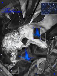 Rule 34 | 1boy, absurdres, bags under eyes, bug, butterfly, character name, closed eyes, dungeon meshi, elf, greyscale, highres, impaled, insect, insect pin, kinosena, male focus, mithrun, monochrome, notched ear, pinned, pointy ears, short hair, solo, spot color, topless male, wavy hair