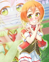 1girl artist_name artist_request black_vest blush bokura_no_live_kimi_to_no_life breasts collared_shirt crescent crescent_earrings cropped_jacket cross-laced_clothes cross-laced_dress crossed_arms double_horizontal_stripe earrings female_focus green_eyes hair_between_eyes highres hoshizora_rin jacket jewelry looking_at_viewer love_live! love_live!_school_idol_festival love_live!_school_idol_project miniskirt moon_earrings necktie orange_hair outdoors parted_lips plaid_clothes plaid_skirt pleated pleated_skirt race_track red_jacket red_necktie sharp_teeth shirt short_hair short_sleeves skirt smile solo stairs teeth track_and_field vest white_shirt white_skirt wing_collar yellow_eyes