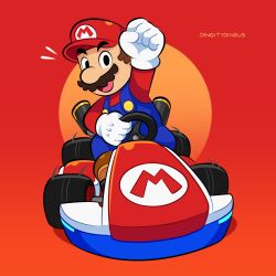 1boy blue_eyes blue_overalls brown_footwear brown_hair car denim driving facial_hair gloves grin hand_up hat highres kart long_sleeves looking_at_viewer mario mario_(series) mario_kart mario_kart_8 mario_kart_8_deluxe motor_vehicle mustache nintendo open_mouth overalls race_vehicle racecar red_background red_hat red_shirt riding shirt shoes sitting smile vinny_(dingitydingus) white_gloves
