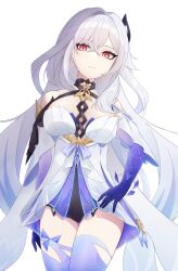 1girl :| absurdres bare_shoulders blue_gloves blue_thighhighs breasts closed_mouth commentary dress elbow_gloves genshin_impact gloves hair_between_eyes hand_on_own_hip highres iroha_(mimi0618xx) long_hair looking_at_viewer medium_breasts red_eyes simple_background skirk_(genshin_impact) solo thighhighs very_long_hair white_background white_dress white_hair