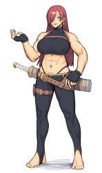 1girl absurdres bare_shoulders black_gloves black_pantyhose breasts copyright_request covered_erect_nipples dyun earrings fingerless_gloves full_body gloves green_eyes grin hair_over_one_eye hand_on_own_hip highleg highleg_panties highres jewelry large_breasts long_hair looking_at_viewer midriff muscular muscular_female navel panties pantyhose red_hair scabbard sheath simple_background smile solo standing stirrup_legwear sword tassel tassel_earrings toeless_legwear underwear weapon white_background