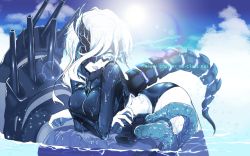 Rule 34 | 1girl, abyssal ship, aqua eyes, black mask, black nails, breasts, cloud, colored skin, day, glowing, glowing eye, hair between eyes, highres, horns, kantai collection, large breasts, long sleeves, looking at viewer, mask, mask over one eye, medium hair, nail polish, ne-class heavy cruiser, outdoors, pale skin, rash guard, ryuu tou, ship turret, single horn, sky, solo, swimsuit, tentacles, tongue, tongue out, veins, wet, wet hair, white hair, white skin, zipper