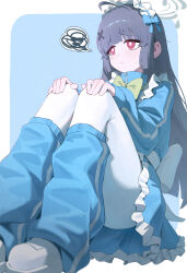 1girl absurdres alternate_costume blue_archive blue_jacket blue_skirt blue_socks blue_track_suit blunt_bangs blunt_sidelocks bow daeyu_k green_bow grey_hair hairband highres jacket lolita_hairband long_hair looking_to_the_side loose_socks miyu_(blue_archive) pantyhose red_eyes shoes sitting skirt socks solo track_suit white_hairband white_pantyhose white_shoes