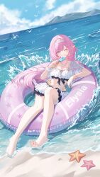Rule 34 | 1girl, ;), absurdres, afloat, barefoot, beach, bikini, blue eyes, blue sky, breasts, character name, chinese commentary, cleavage, commentary request, elf, elysia (honkai impact), elysia (miss pink elf) (honkai impact), elysia (summer miss elf) (honkai impact), feet, food, hairband, highres, holding, holding food, holding popsicle, honkai (series), honkai impact 3rd, jewelry, large breasts, licking lips, navel, necklace, neet (jdud2284), ocean, official alternate costume, one eye closed, outdoors, pink hair, pointy ears, popsicle, purple innertube, shell, shell necklace, sky, smile, soles, solo, starfish, stomach, swimsuit, toes, tongue, tongue out, white bikini, white hairband