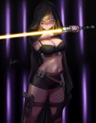 1girl black_bra black_hood blonde_hair bra braid breasts commentary energy_sword english_commentary gun hair_ornament hand_up highres holding holding_sword holding_weapon hood hood_up keyokku lightsaber looking_at_viewer midriff miniskirt navel original red_eyes side_braid single_fishnet_legwear skirt solo standing star_wars sword underwear weapon x_hair_ornament yellow_lightsaber