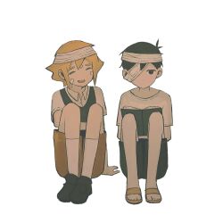 Rule 34 | 2boys, antenna hair, arm support, bandaged head, bandages, bandaid, bandaid on face, basil (faraway) (omori), basil (omori), black eyes, black hair, black shoes, black shorts, book, brown shorts, closed eyes, closed mouth, dangoiz, eyepatch, flip-flops, green sweater vest, highres, looking at viewer, male focus, medical eyepatch, multiple boys, nervous smile, omori, open book, open mouth, sandals, shirt, shoes, short hair, short sleeves, shorts, simple background, sitting, smile, spoilers, sunny (omori), sweater vest, t-shirt, teeth, upper teeth only, white background, white shirt