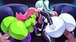 2boys 2girls alternate_costume alternate_hairstyle aqua_hair back breasts colored_sclera colored_skin crossover cyberpunk_(series) cyberpunk_edgerunners cyborg dart_(thecon) detached_sleeves doggystyle goblin grabbing_own_ass gradient_hair green_eyes green_skin hanging_breasts jacket kneeling large_breasts latex long_hair looking_back multicolored_hair multiple_boys multiple_girls open_mouth pale_skin penis pink_hair pointy_ears rebecca_(cyberpunk) red_sclera sex sex_from_behind side_ponytail small_breasts smile thecon tongue tongue_out uncensored vaginal veins veiny_penis yellow_eyes