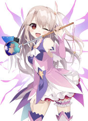 1girl absurdres akaneko016 ascot bare_shoulders blush boots breasts detached_sleeves dress earrings fate/kaleid_liner_prisma_illya fate_(series) feather_hair_ornament feathers full_body hair_between_eyes hair_ornament hands_up highres holding holding_wand illyasviel_von_einzbern jewelry kaleidostick layered_skirt long_hair looking_at_viewer magical_girl magical_ruby magical_sapphire one_eye_closed one_side_up open_mouth pink_dress pink_feathers prisma_illya prisma_illya_(zwei_form) puffy_sleeves purple_skirt purple_thighhighs red_eyes sidelocks simple_background skirt small_breasts smile solo standing star_wand thigh_boots thighhighs thighhighs_under_boots wand white_background white_hair white_skirt