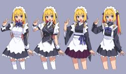 1girl apron black_eyes black_kimono blonde_hair blush bow breasts cropped_legs dress fang grey_background highres japanese_clothes jersey_maid juliet_sleeves kimono long_hair long_sleeves maid maid_headdress multiple_views open_mouth original pink_hair puffy_short_sleeves puffy_sleeves short_sleeves simple_background thighhighs twintails unconventional_maid v wa_maid white_apron white_thighhighs wide_sleeves yachima_tana yachimata_kana zipper_pull_tab