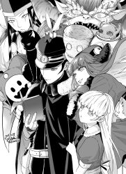 2boys 3girls :o agathion_(megami_tensei) alice_(megami_tensei) cat cloak demon_(megami_tensei) devil_summoner:_raidou_kuzunoha_vs_the_soulless_army devil_summoner_(series) expressionless frown gakuran gouto greyscale grin hat jack_frost_(megami_tensei) kuzunoha_raidou looking_at_object mokoi_(megami_tensei) momochi_(orrizonte) monochrome multiple_boys multiple_girls muu_shuwuu_(megami_tensei) peaked_cap pixie_(megami_tensei) reading school_uniform short_hair sideburns signature smile tsuchigumo_(megami_tensei) twitter_username yoshitsune_(megami_tensei)