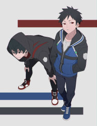 2boys adapted_costume black_eyes black_hair black_jacket black_pants blue_footwear blue_jacket facial_hair from_above full_body grey_background hair_between_eyes hands_in_pockets highres hood hood_down hood_up hooded_jacket jacket kazama_souya leaning_forward legs_apart long_sleeves looking_away male_focus multiple_boys pants parted_lips red_eyes red_footwear shoes sideways_glance smile sneakers standing stubble tachikawa_kei world_trigger yawai_tofu zipper