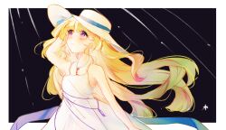 1girl absurdres alternate_costume bare_shoulders black_background blonde_hair border closed_mouth commentary dress hat highres jewelry key key_necklace long_hair looking_up mikori necklace outside_border phoebe_(wuthering_waves) purple_eyes solo white_border white_dress white_hat wuthering_waves