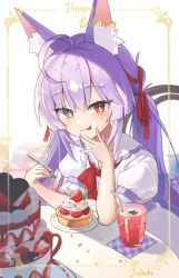 1girl :p alternate_hairstyle animal_ear_fluff animal_ears antenna_hair birthday blue_eyes cake food fork fox_ears fox_girl fruit heterochromia highres long_hair low_twintails nanna_(heyj2888) plate purple_hair solo stellive strawberry strawberry_shortcake tenko_shibuki tongue tongue_out twintails virtual_youtuber yellow_eyes