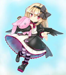 1girl ajitarou_(setsu) angel_wings black_boots black_ribbon black_wings blonde_hair boots dark_feather_alma emil_chronicle_online hair_ribbon holding holding_stuffed_toy looking_at_viewer outstretched_arm pointy_ears red_eyes ribbon simple_background skirt smile striped_clothes striped_thighhighs stuffed_toy thighhighs wings
