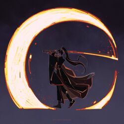 1boy black_boots black_eyes black_hair black_hanfu boots chinese_clothes closed_mouth enilehtnorevol from_behind glowing hanfu high_ponytail highres holding holding_sword holding_weapon huge_weapon long_hair long_sleeves male_focus motion_lines mu_qing_(tianguan_cifu) ponytail purple_background saber_(weapon) solo sword tianguan_cifu very_long_hair walking weapon wide_sleeves xiao_guan_(headdress)