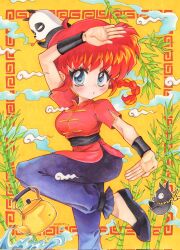 1girl 2000s_(style) bamboo black_pants blue_eyes blush braid braided_ponytail breasts chinese_clothes commentary corrupted_twitter_file highres kettle long_hair looking_at_viewer medium_breasts oceaninspace p-chan panda pants pig ranma-chan ranma_1/2 red_hair red_shirt saotome_genma_(panda) shirt single_braid solo_focus standing standing_on_one_leg tangzhuang traditional_media water yellow_background