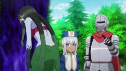 1boy 2girls alvin_(kono_healer_mendokusai) animated anime_screenshot armor audible_speech blue_eyes cape dark-skinned_female dark_elf dark_skin elf english_audio fangs headband healer karla_(kono_healer_mendokusai) kono_healer_mendokusai medusa mendokusai) multiple_girls pointy_ears sharp_teeth silver_hair snake snake_hair sound tagme teeth video