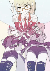 absurdres ass back_bow belt blonde_hair blunt_bangs bow breasts closed_mouth dot_nose ears from_behind from_below full_body glasses hair_bow highres idol labotamochi light_smile long_sleeves looking_at_viewer minami_mirei multiple_views navel neck necktie nose one_eye_closed ponytail pretty_series pripara shorts small_breasts split_mouth standing straight-on thighhighs yellow_eyes