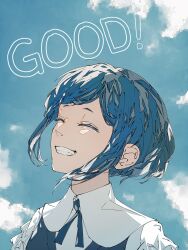 1girl absurdres blue_background blue_hair blue_sky closed_eyes cloud collared_shirt facing_viewer fukurai_azami grin highres ribbon shikishima_(3jikaika) shirt short_hair sky smile solo teeth toshi_densetsu_kaitai_center upper_body