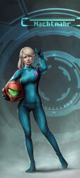 1girl assault_visor blonde_hair blue_bodysuit blue_eyes bodysuit breasts german_text green_visor helmet highres holding holding_helmet large_breasts long_hair looking_at_viewer metroid nachtmahr nintendo photoshop_(medium) ponytail samus_aran science_fiction sidelocks smile solo translated zero_suit