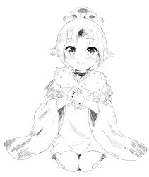 1girl absurdres beni-enma beni-enma_(first_ascension) bird_hat blush fate/grand_order fate_(series) feather_trim food full_body greyscale hat highres japanese_clothes kimono long_hair looking_at_viewer monochrome nekopantsu_(blt) onigiri rice seiza simple_background sitting smile solo wide_sleeves
