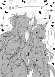 2girls blood frankel_(racehorse) greyscale highres horse_girl monochrome multiple_girls nayuta_ggg nosebleed umamusume vodka_(umamusume) yuri